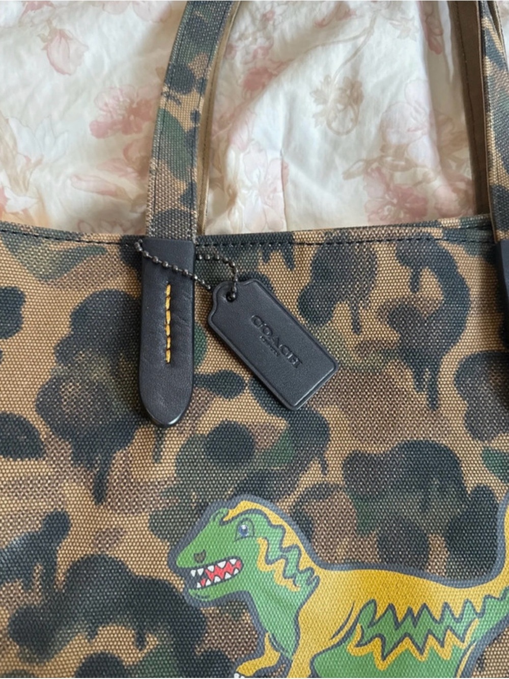 Coach Brown Camo Canvas Tote with Green & Yellow Dinosaur Motif - Picture 3 of 7